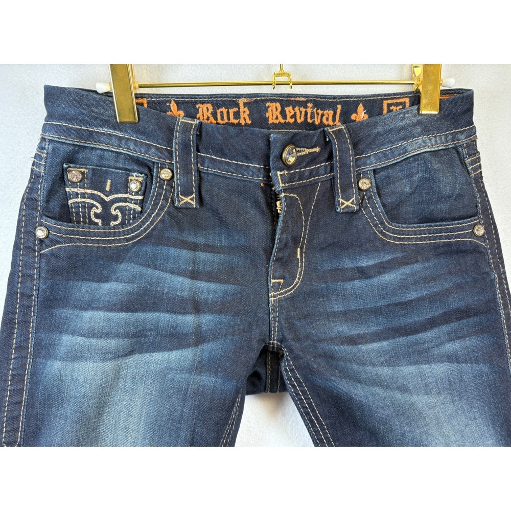Rock Revival Skinny Jeans Dark Wash Embellished Back Pockets Signature Stitching - Picture 4 of 11